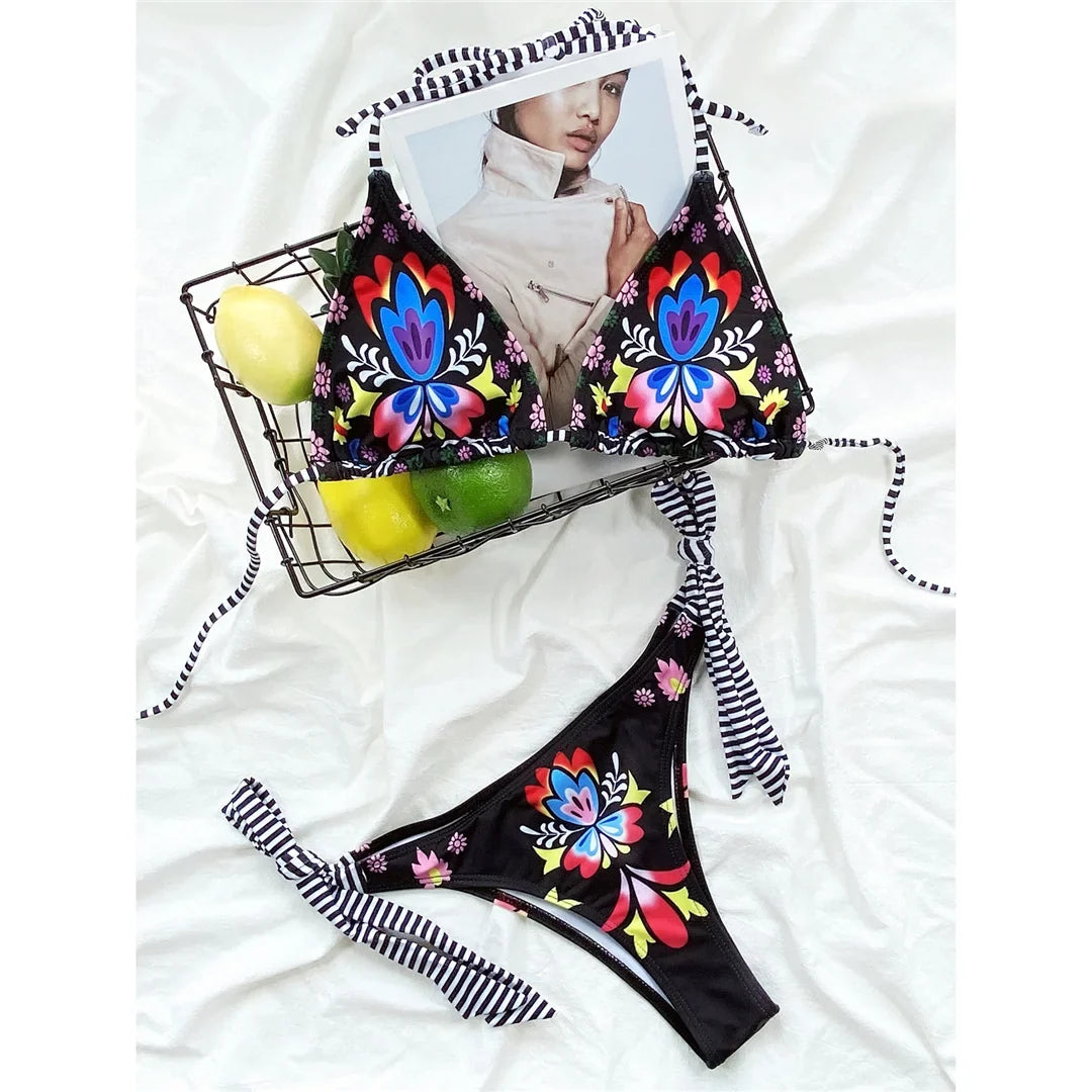 Brazilian Women Swimwear Flowers Printed Halter Bikini Female Swimsuit Two-Pieces Bikini Set Bather Bathing Suit Swim Lady V3394