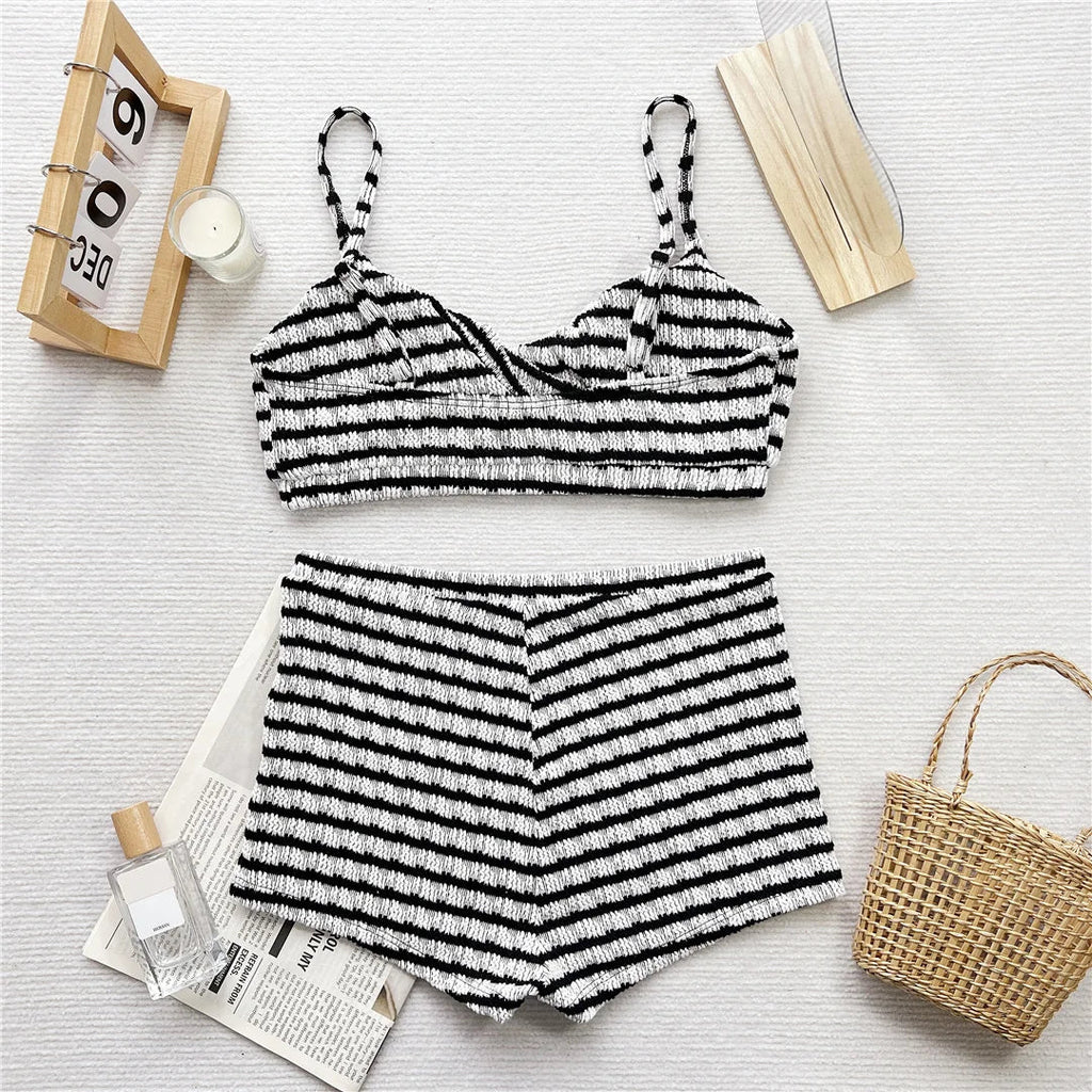 Black White Striped High Waist Bikini Female Swimsuit Women Swimwear Two-Pieces Bikini Set Shorts Bather Bathing Suit Swim V6626