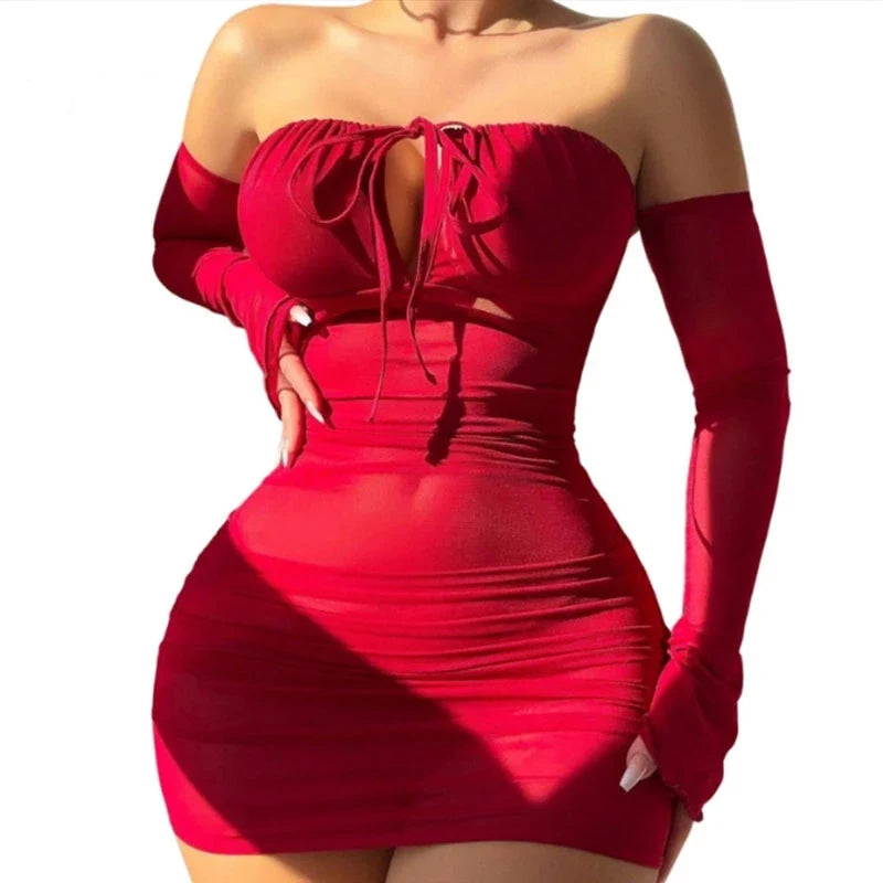 Sexy Beauty Transparent Bra Lace-Up Tight Dress With Gloves Lingerie Sets Women Off-the-shoulder Sexy Underwear Pajamas