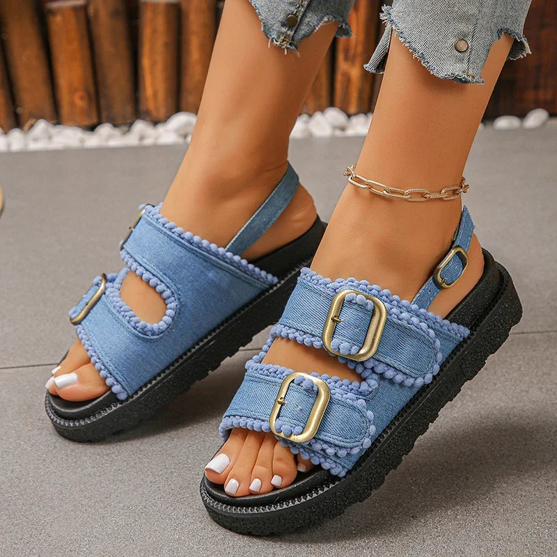 2026 Summer Denim Platform Sandals Women Fashion Buckle Thick Bottom Rome Sandles Woman Plus Size Non Slip Soft Sole Sandalias