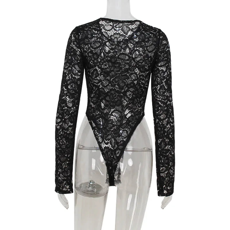 Ahagaga Floral Lace Women's Bodysuits Sexy Solid See Through Tees O-Neck Long Trumpet Sleeve Slim Fit Streetwear Rompers T Shirs