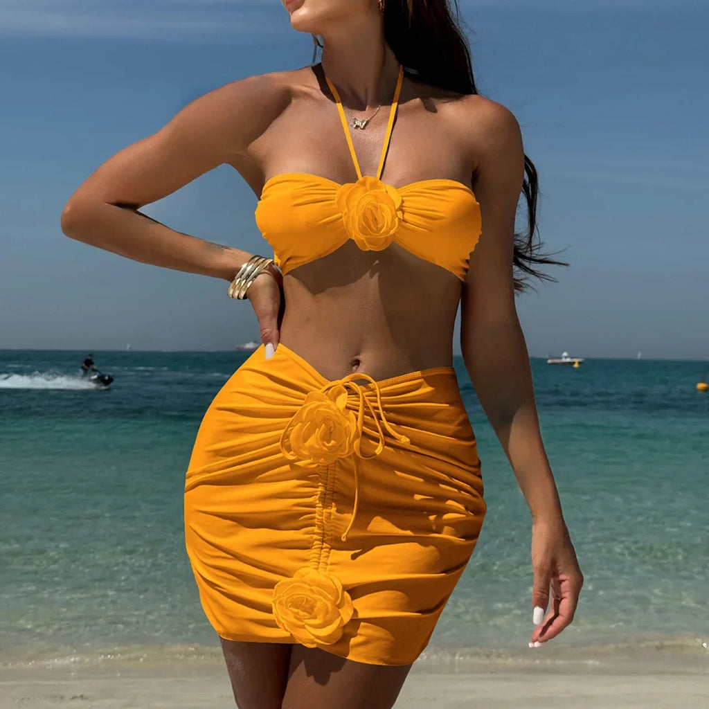 New 3D Flowers With Skirt Brazilian Bikini Women Swimwear Three-pieces Bikini set Female Swimsuit Bather Bathing Suit Swim V5755