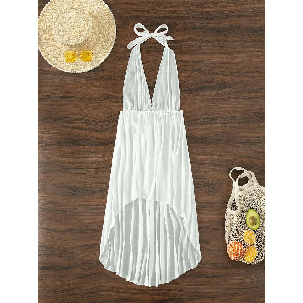 S - XL New Sexy Halter Deep V Neck Backless Tunic Beach Cover Up Cover-ups Beach Dress Beach Wear Beachwear Female Women K5213
