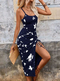 Women's Navy Blue Printed Spaghetti-Strap Split Dress for Spring and Summer