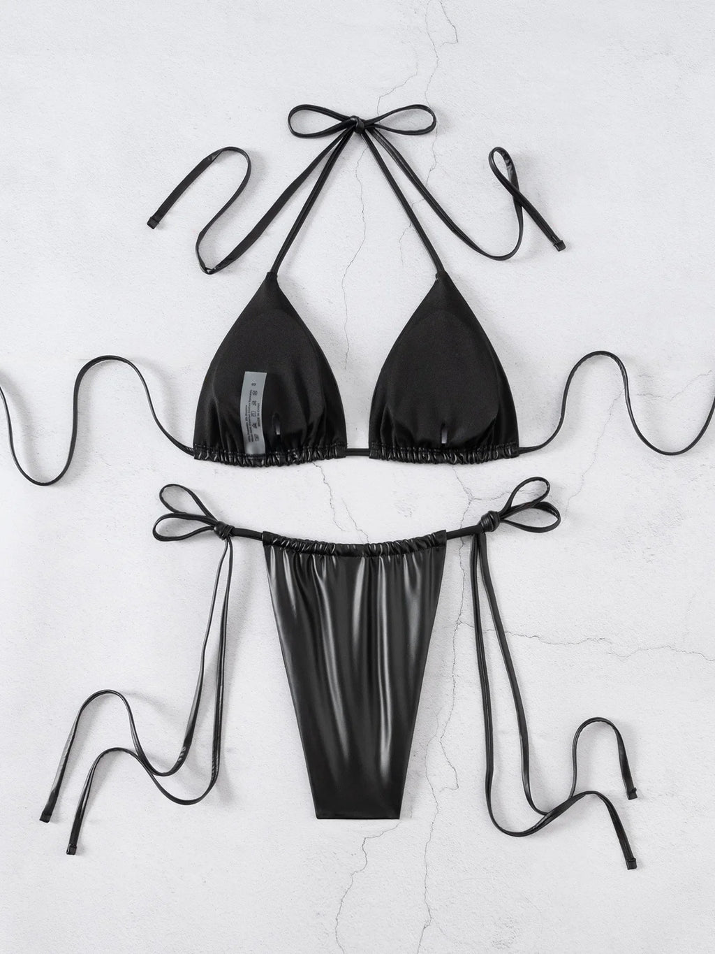 DEKA Brazilian Thong Black PU Bikini Set Triangle Bikinis Bandage Swimsuit Women Two Piece Swimwear Summer Biquini New Beachwear