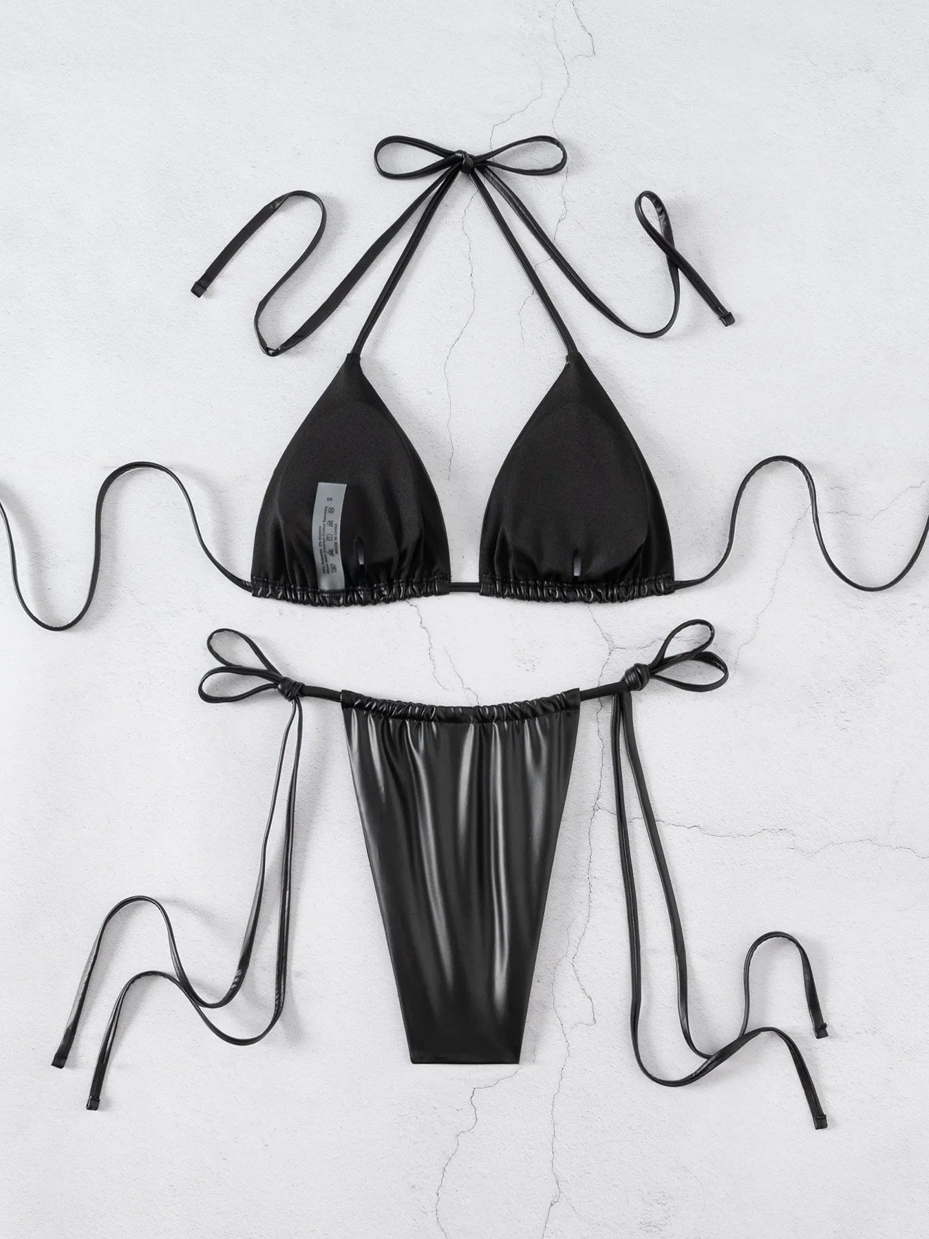 DEKA Brazilian Thong Black PU Bikini Set Triangle Bikinis Bandage Swimsuit Women Two Piece Swimwear Summer Biquini New Beachwear