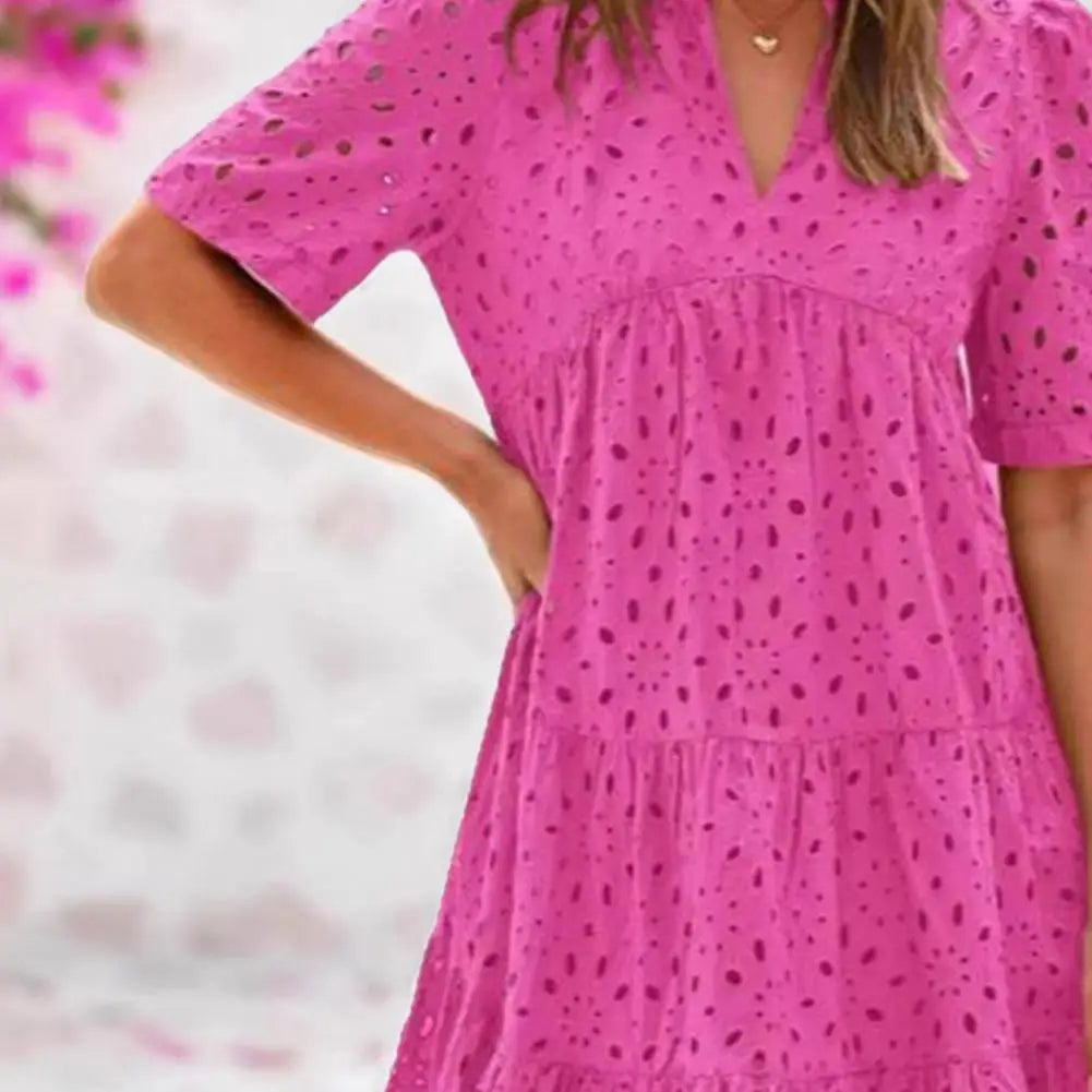 Casual Short Sleeve V-neck Midi Dress Women's Hollow Out Eyelet Dress Summer Beach Tiered Flowy A-line Sundress