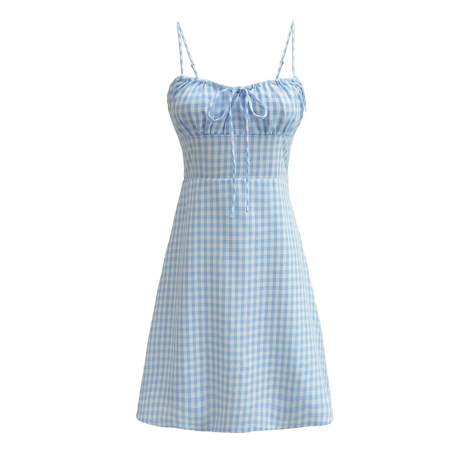 Foridol Spaghetti Strap Tie Up Plaid Dress Women Summer Beach Midi Sundress Strapless Retro Pink Short Vestidos Female Dress