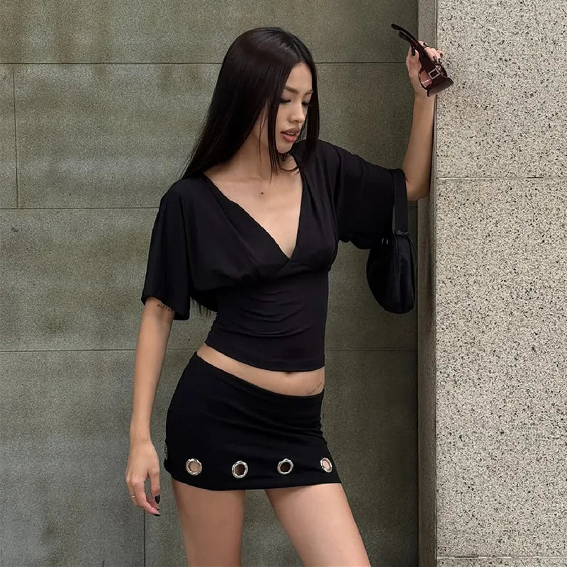 FDYOUI Woman Clothes V-neck Half Sleeve Cropped T-shirts Fashion Lace-up Backless Solid Corset Tops Y2K Streetwear Lady T Shirt