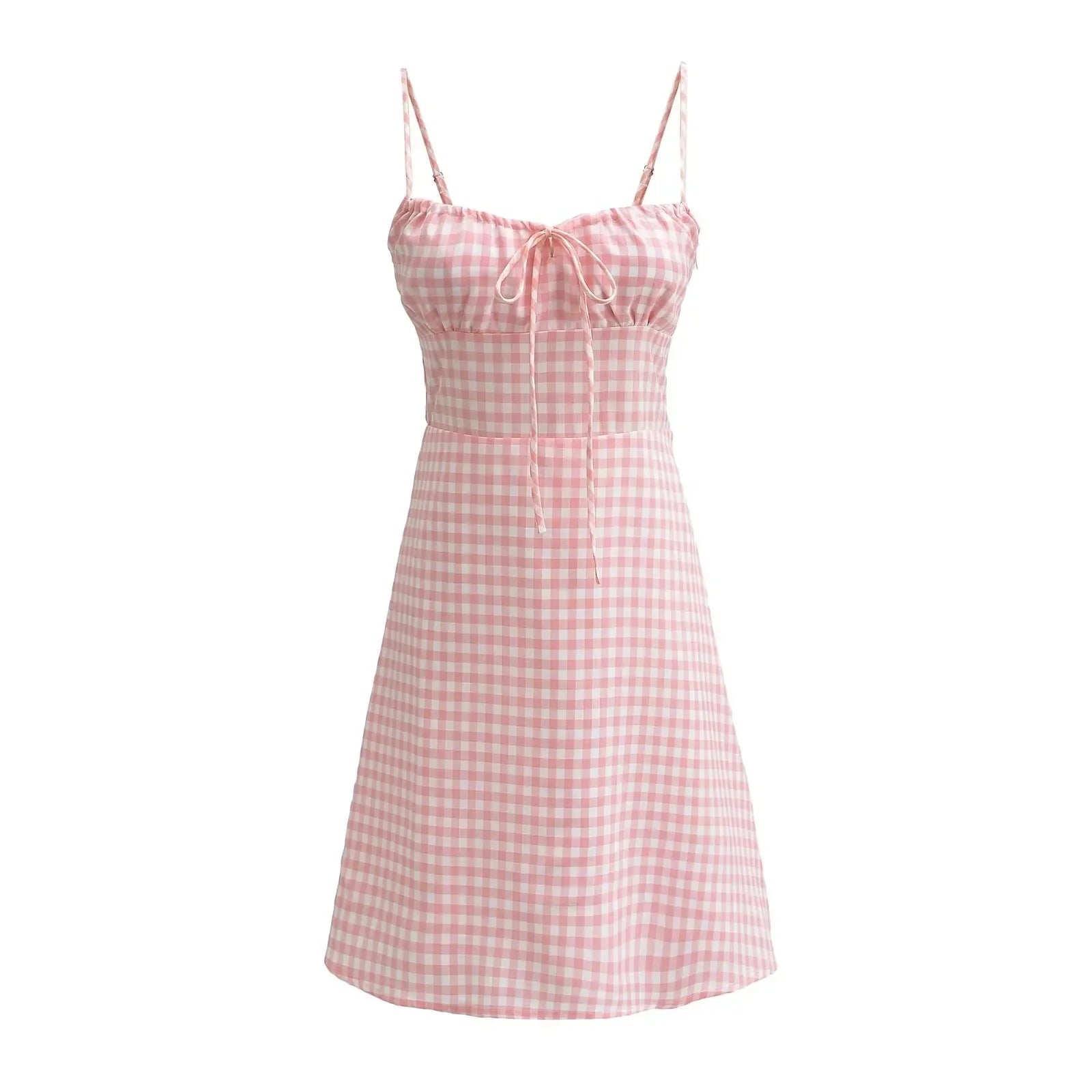 Foridol Spaghetti Strap Tie Up Plaid Dress Women Summer Beach Midi Sundress Strapless Retro Pink Short Vestidos Female Dress