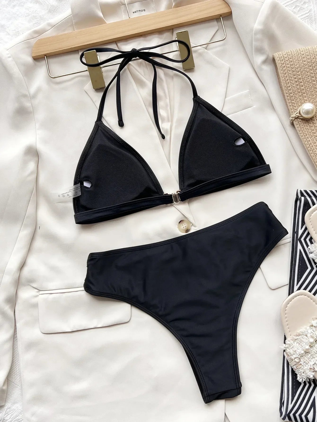 2026 New Sexy Bikini Women Black Hollow Halter Swimwear Swimsuit Bikinis Set Bathing Suit Bikini Female Push Up Rhinestone Decor