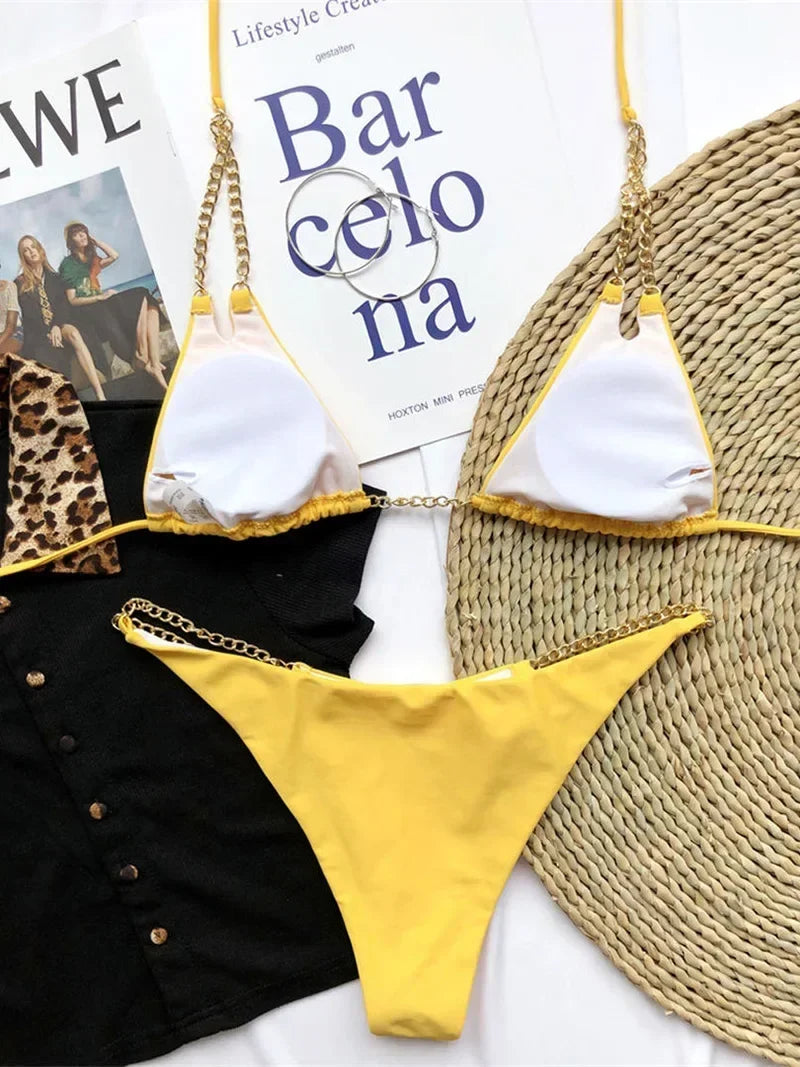 Sexy Cow Print Halter Metal Chains Brazilian Bikini Women Swimsuit Female Swimwear Two Pieces Bikini Set Bathing Suit Swim Lady
