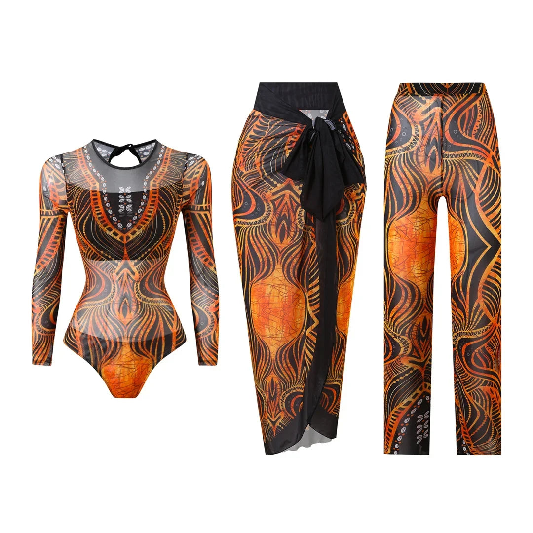 S - XXL 3PCS New Printed Long Sleeve With Pants Sarong Women Swimwear One Piece Swimsuit Female Bather Bathing Suit Swim V7180