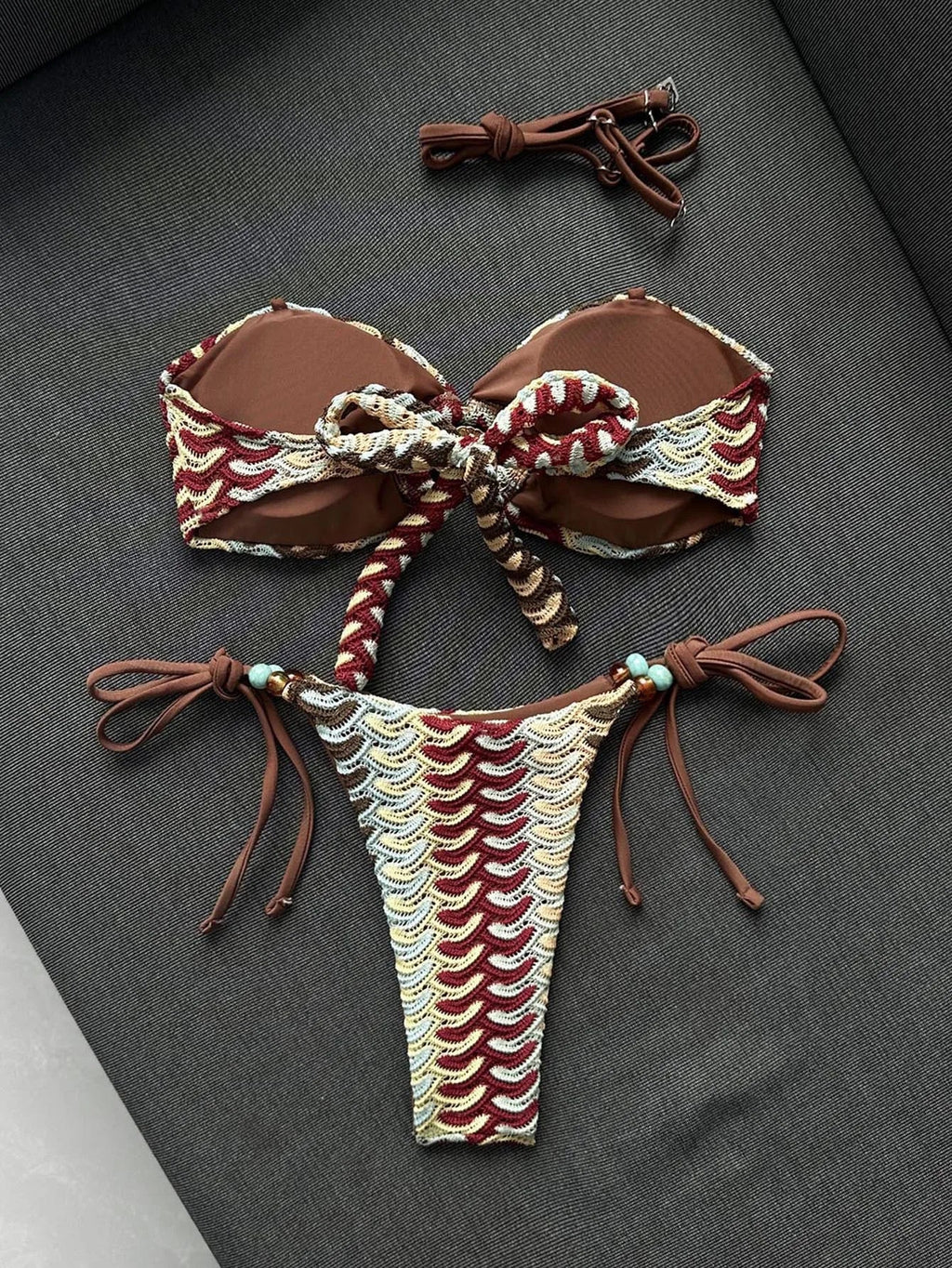 Sexy Coffee Striped Micro Bikini 2026 Women Bandeau Metal Shell Push Up Bra Bandage Thong Swimwear Beach Bathing Suit Swimsuit