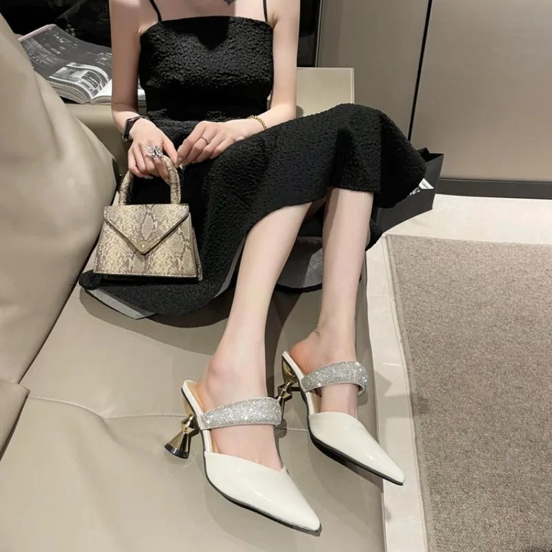American pointed rhinestone high-heeled slippers women slim heels with toe caps, empty fashion sandals,