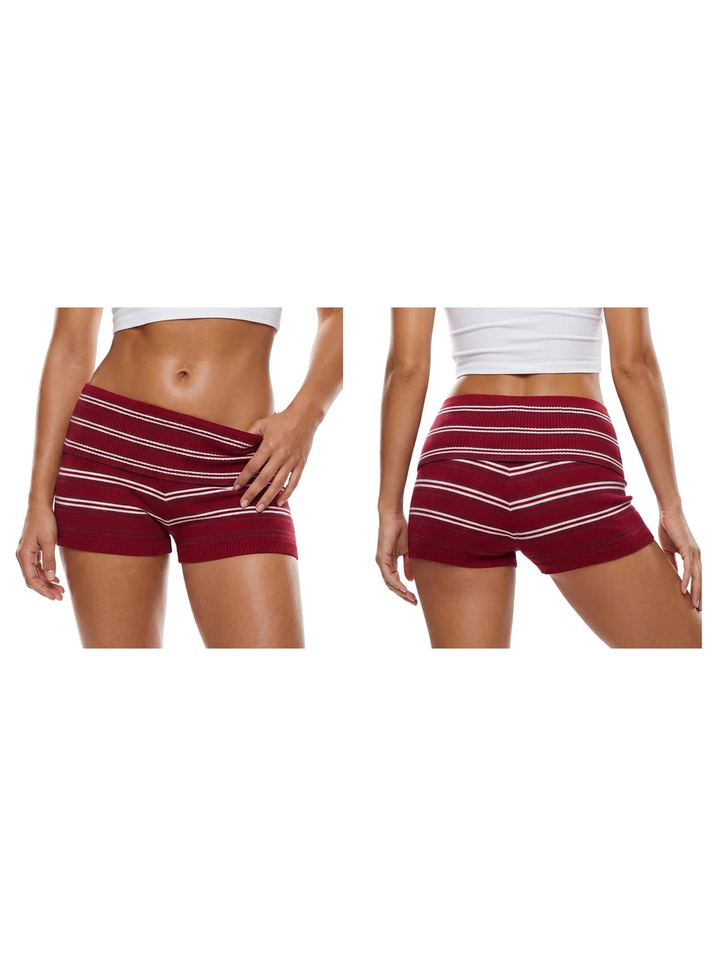 Women Knit Shorts Fold-Over Waist Elastic Comfy Striped Casual Shorts Pants Summer Fall Fashion Bohemian Short Pants