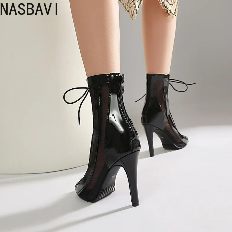 Plus Size Women Patent Leather Mesh Spliced Ankle Boots Back Zipper Peep Toe Lace Up Stiletto High Heels Hollow Out Summer Booti