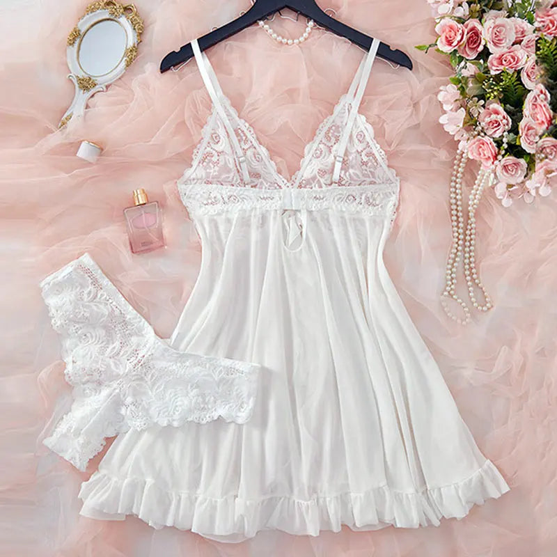 V-neck Luxury Pajama Set With Thong Women Nightgown For Sleeping Hot Femme Sleepwear Summer Sleeveless Sleep Dress Holiday Gifts