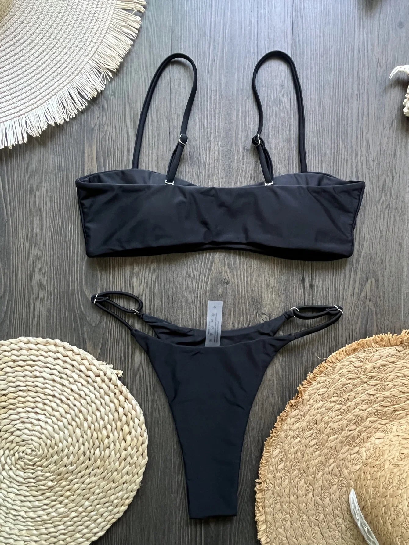 Black rhinestone process bikini sexy thong split swimsuit 2-piece beach set