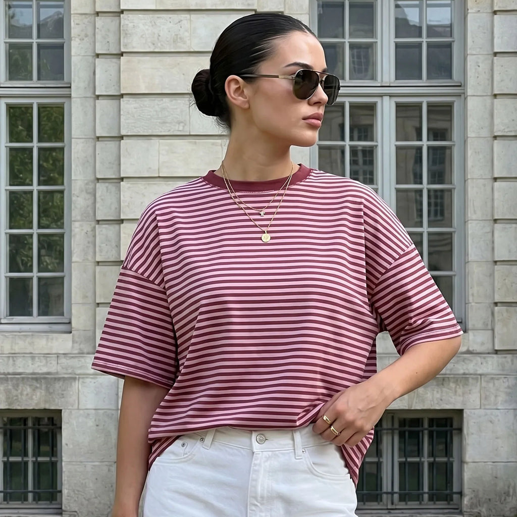 Summer Women's Loose T-shirt Casual Stylish Striped Crew Neck Short Sleeve Drop Shoulder Tee Tops