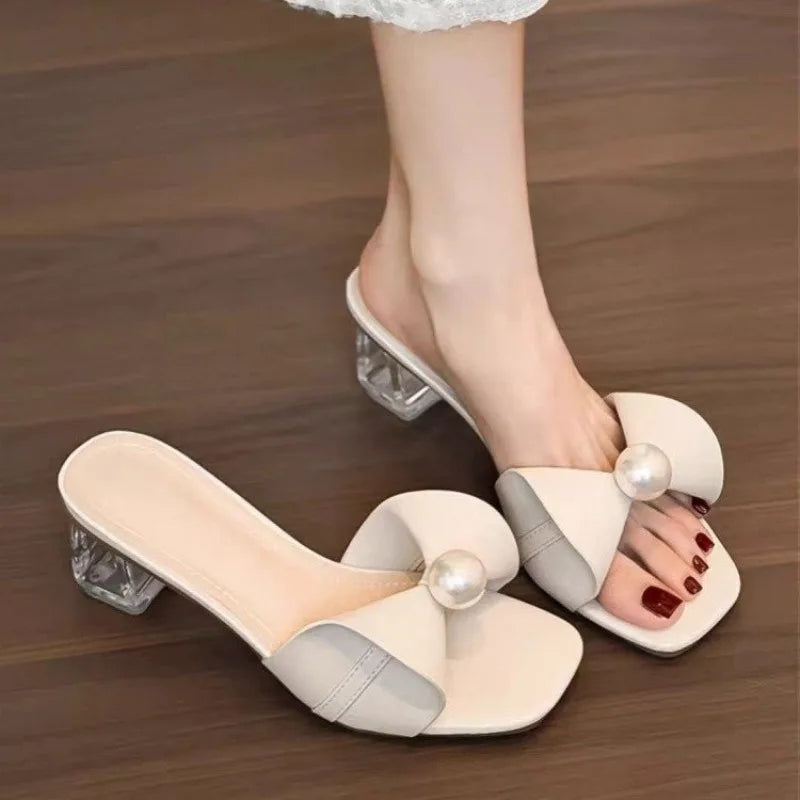 Sexy French-style High Heels 2026 New Square-toe New Chinese Style Pearl Sandals for Women, Summer, Thick Heels