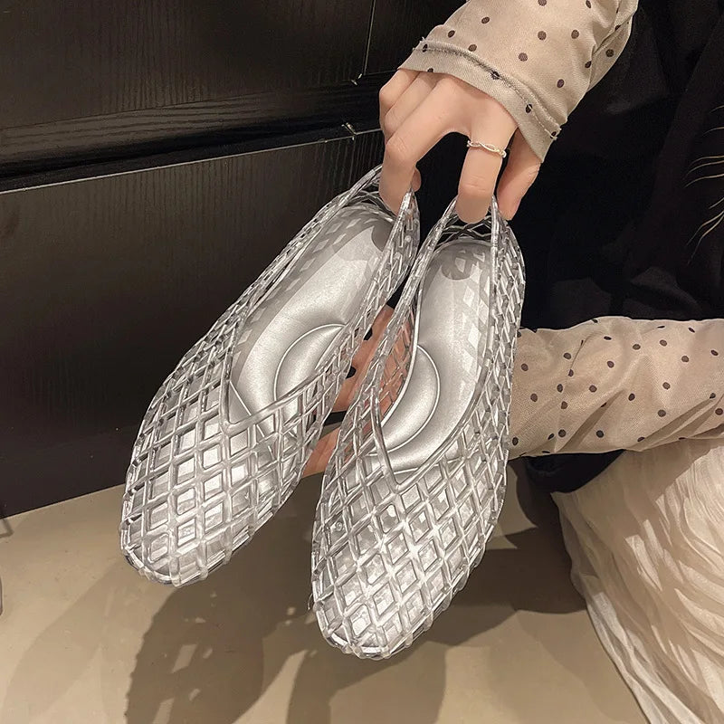 Women Crystal Jelly Shoes Girls Fashion Summer Flats Sandals V-mouth Slip-on Style Soft Sole Girls Daily Walking Driving Flats