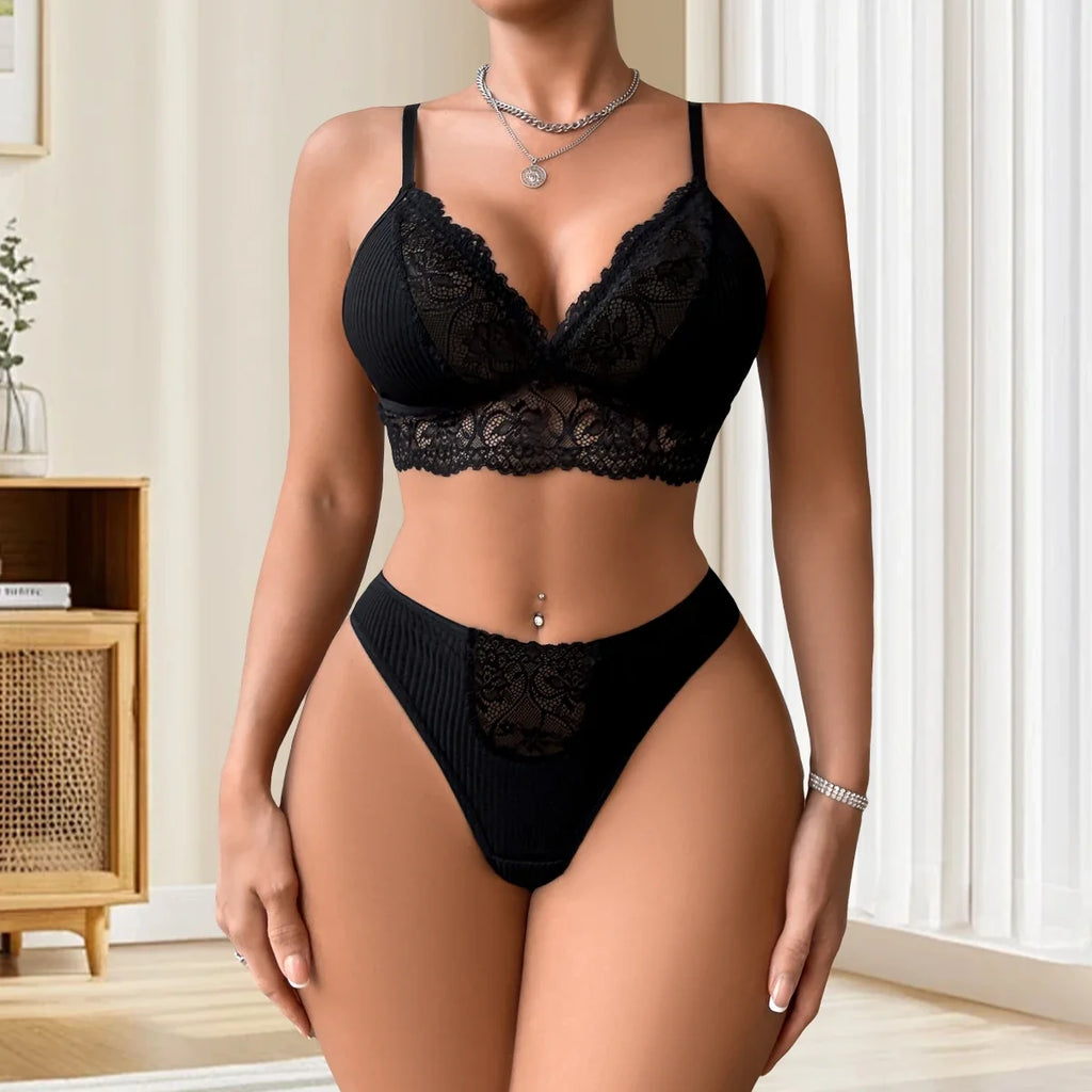 2pcs/Set Women's Underwear Set Sexy Lace Ribbed Bras Panty Sets Breathable Floral Sexy Lingerie Outfit Wire-Free Padless Bras