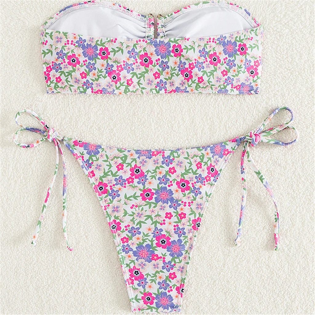 XS - L Flowers Printed Floral Bandeau Bikini Female Swimsuit Women Swimwear Two-Pieces Bikini Set Bather Bathing Suit Swim V5453