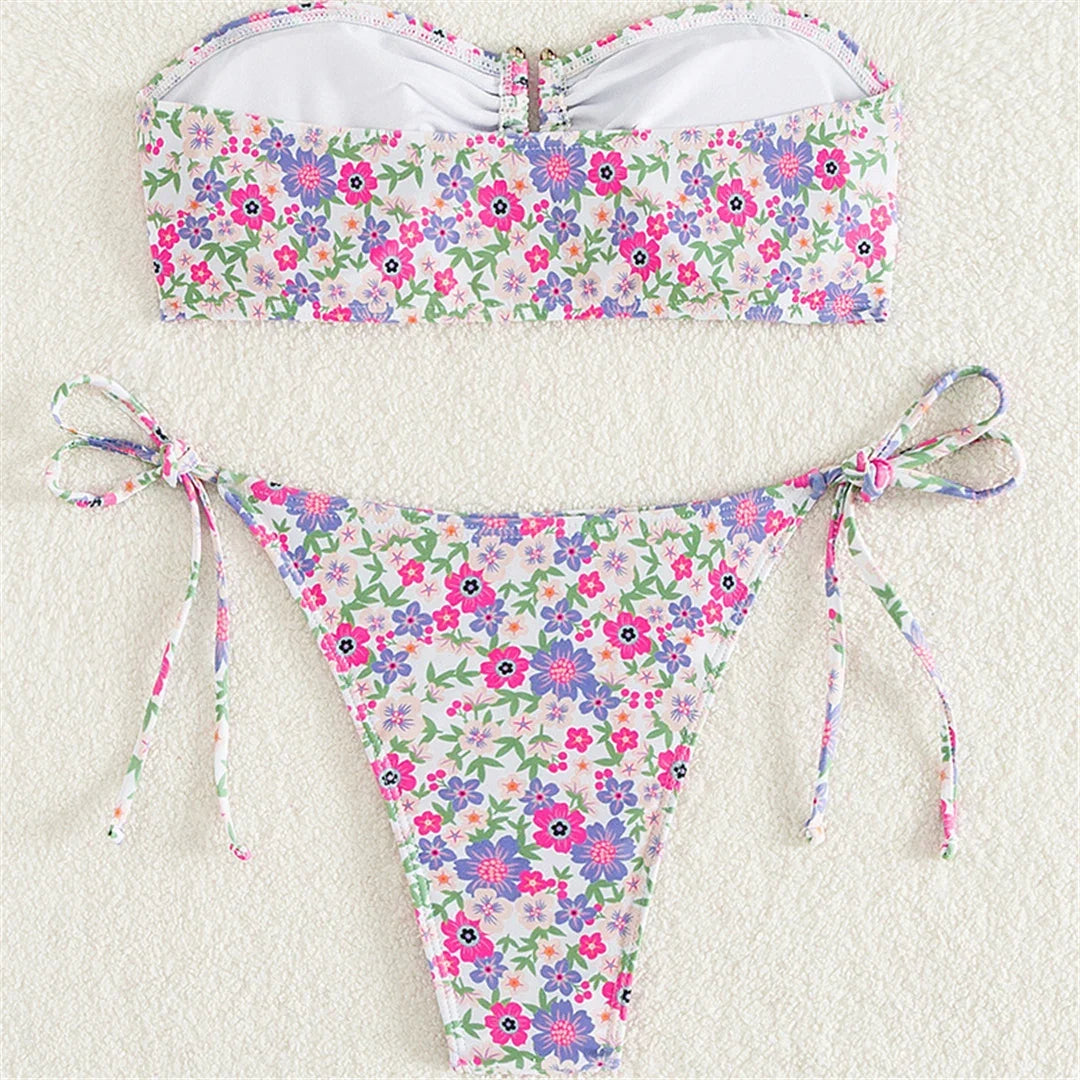 XS - L Flowers Printed Floral Bandeau Bikini Female Swimsuit Women Swimwear Two-Pieces Bikini Set Bather Bathing Suit Swim V5453