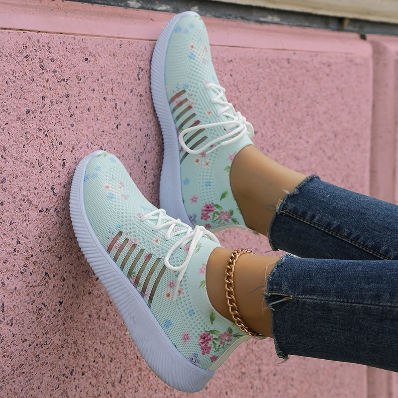 Fashion Printed Breathable Sneakers Women Thick Bottom Knitted Walking Shoes Woman Hollow Out Slip On Sports Shoes Female 35-43