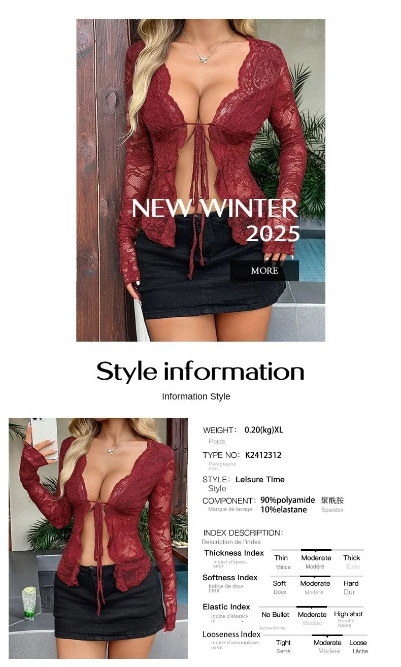 Y2K Spice Girls Style Long-Sleeve T-Shirt Lace-Up Sheer V-neck Sweet girl Top Spring Summer Vacation Beach Female Dress up