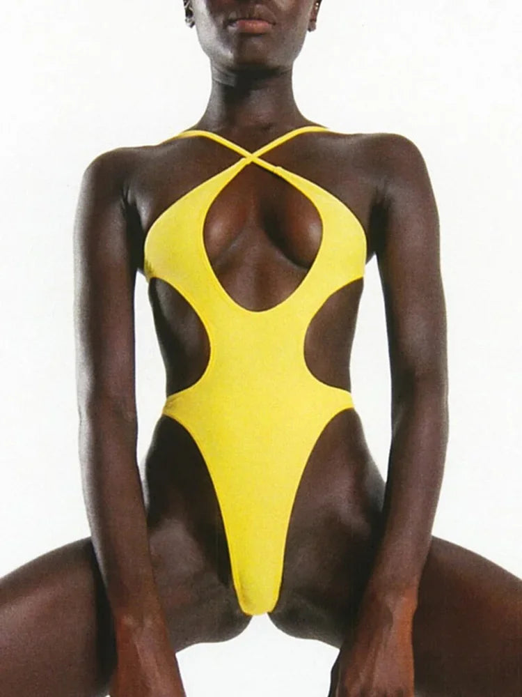 Sexy Halter Hollow Out Women Swimwear One Piece Swimsuit Female Monokini High Cut Bather Bathing Suit Swim Beachwear Bodysuit