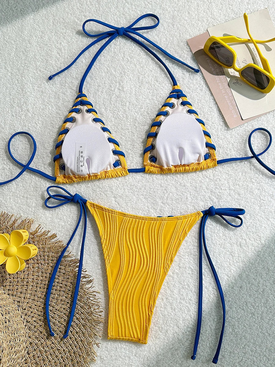 2025 Halter Wrinkled Weaved Bikini Women Swimwear Female Swimsuit Two Pieces Bikini Set Brazilian Bathing Suit Swim Beach Wear