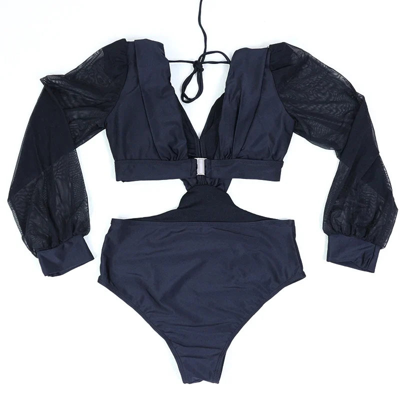 TW Sexy High Waist One Piece Swimsuit Women V Neck 2024 Long Sleeve Bathing Suit Brazilian Swimwear Monokini Summer Beachwear