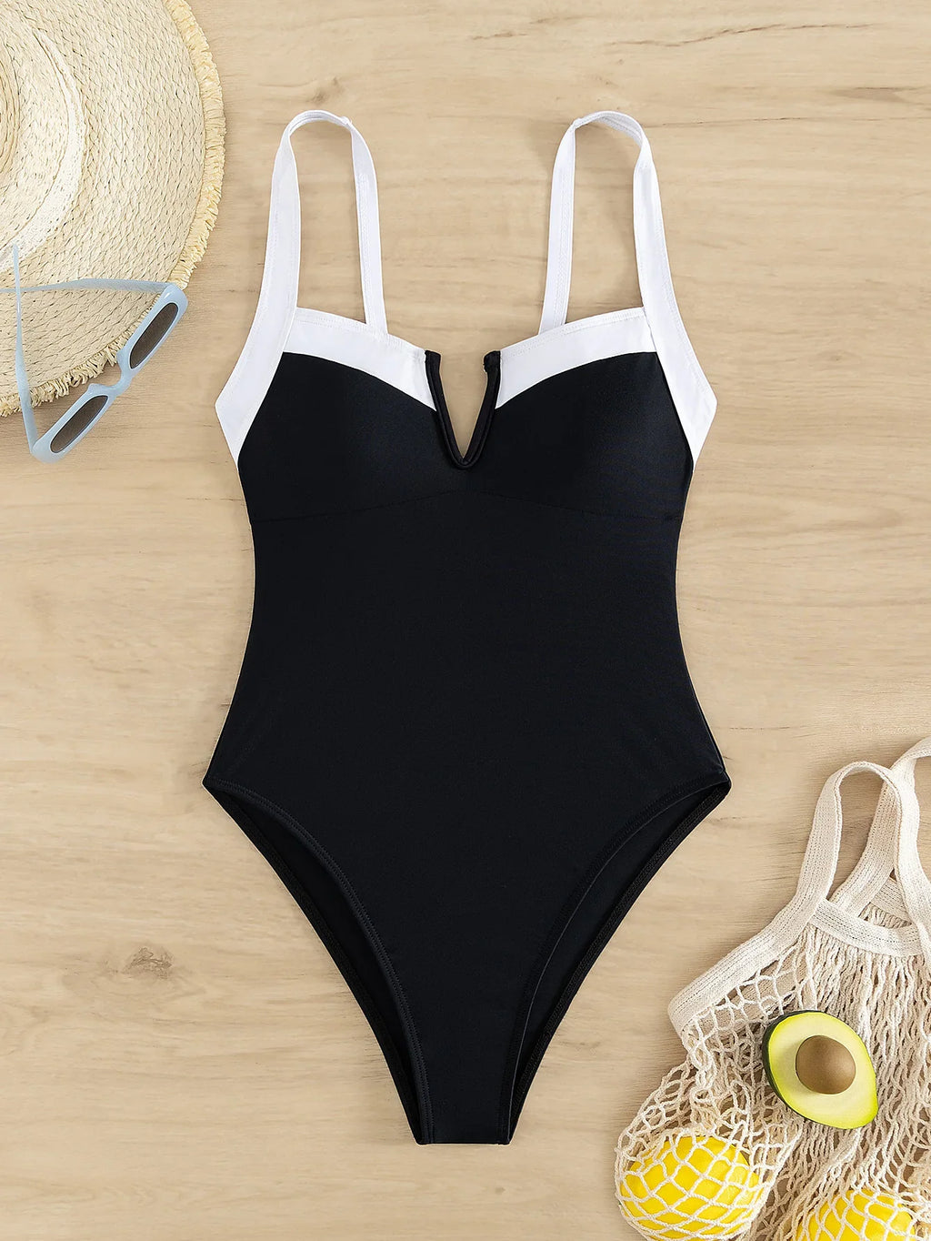 Sexy V Wire Swimwear Women 2025 White Black Contrast Slim Tummy Control One Piece Swimsuit Beach Backless Bathing Suit Monokini