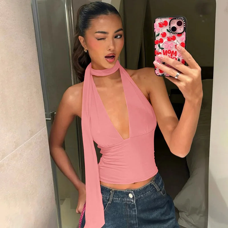 FDYOUI Women's Halter Neck Bandage Crop Tops 2026 Summer Sexy Off Shoulder Backless Corset Ladies Sleeveless T-shirt High Street