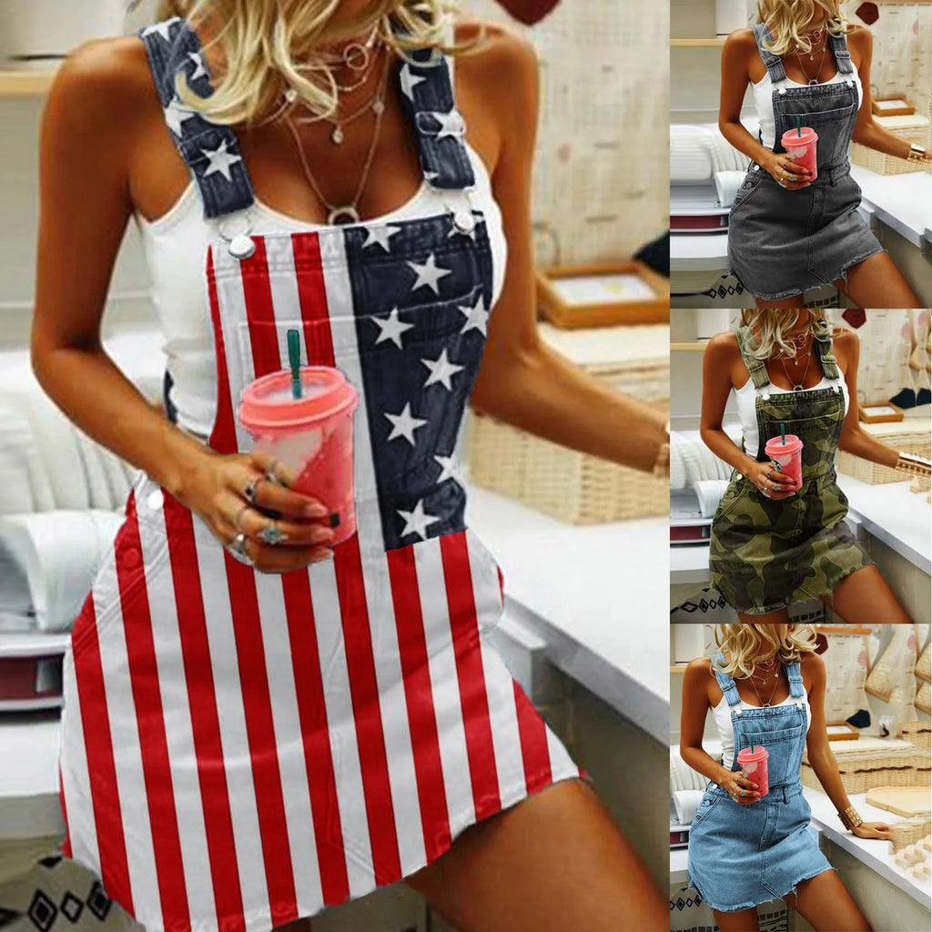 Casual Women Skirts Women'S Flag Denim Bib Overall Shorts Rompers Independence Day Clothes Faldas Para Mujeres Roupas Feminina