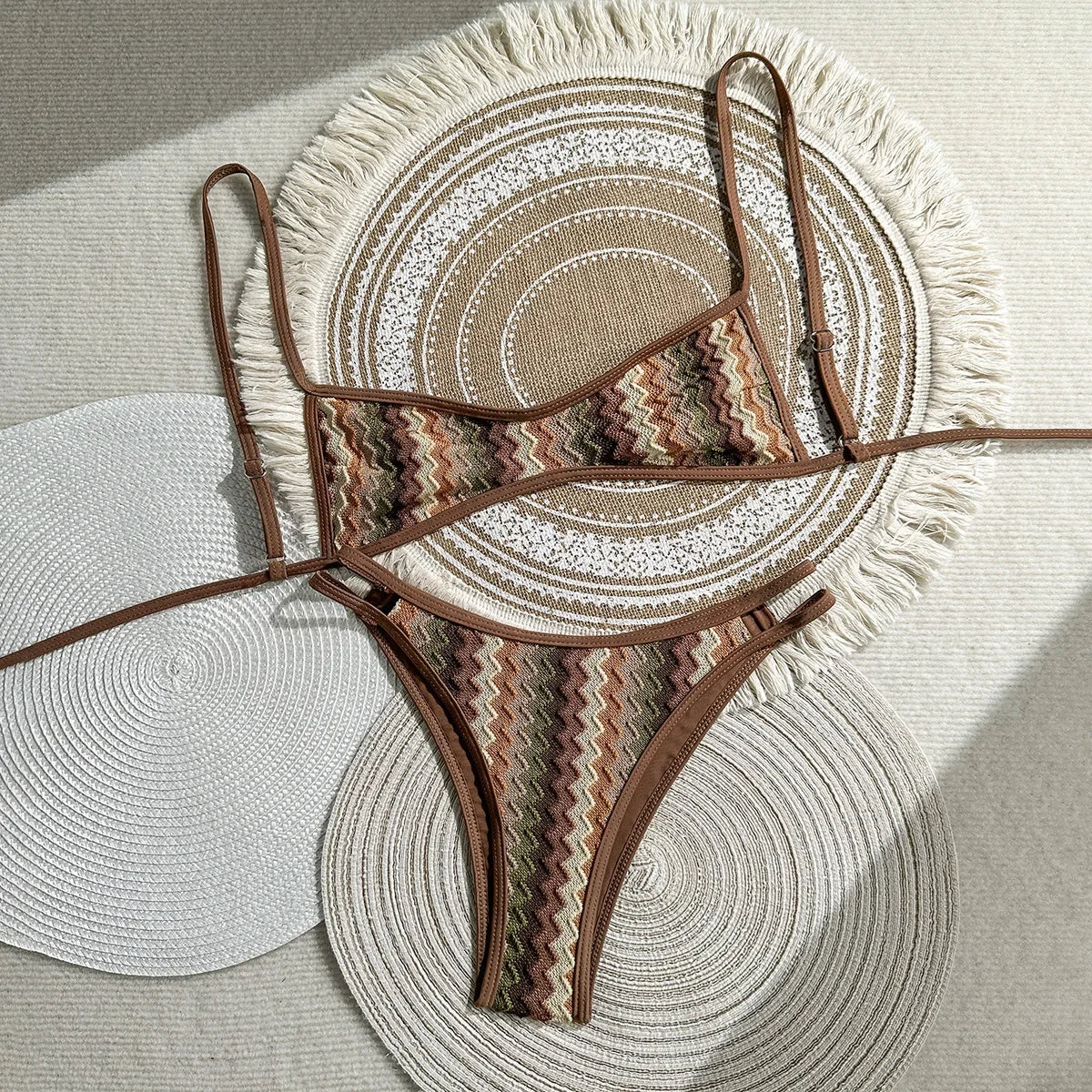 Crochet Striped Brazilian Bikini Women Swimsuit Female Swimwear Two-pieces Bikini Set High Leg Cut Bather Bathing Suit Swim Lady