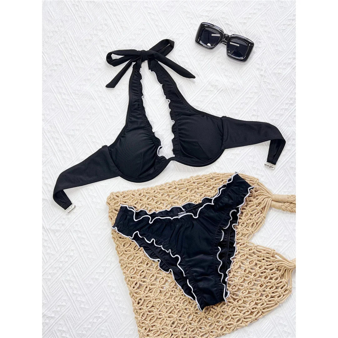 2026 Ruffled Halter Underwired Bikini Female Swimsuit Two-pieces Bikini set Women Swimwear Brazilian Bathing Suit Bather V7606
