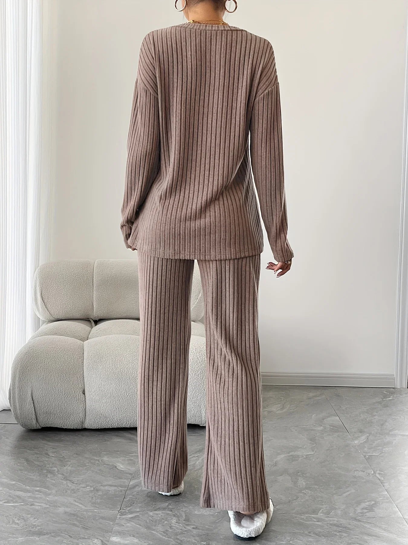 Autumn and Winter Casual V-neck Pocket Striped Knited Tops and Long Trousers Two-piece Sets, Women's Pajamas Set Sleepwear