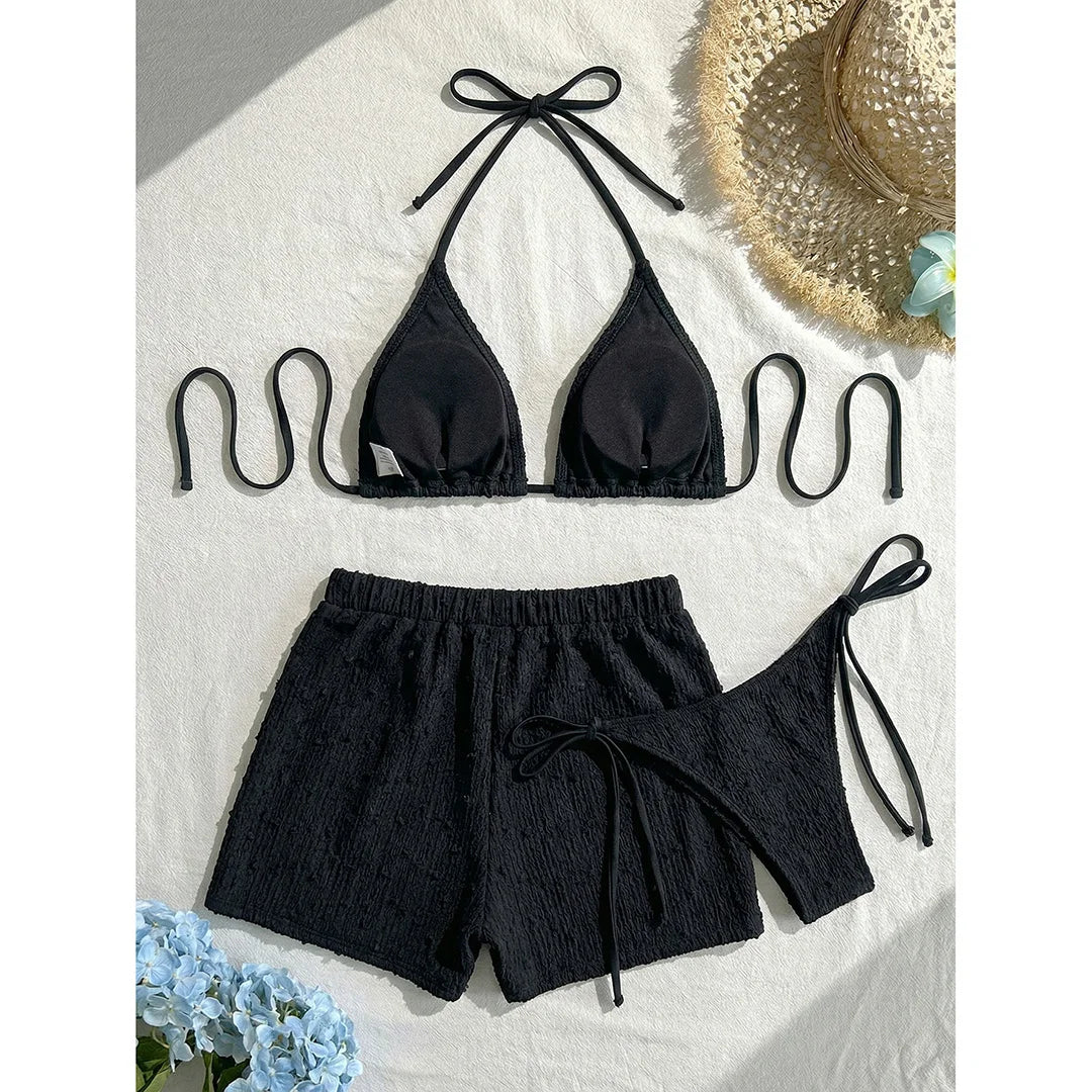 4 Colors Sexy Halter Bikini Female Swimsuit Three-pieces Bikini set With Shorts Women Swimwear Bather Bathing Suit Swim V7843W