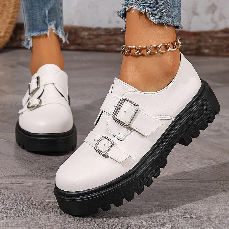 Fashion Double Buckle Platform Loafers Women British Style Thick Bottom Pu Leather Shoes Woman Comfort Round Toe Student Shoes