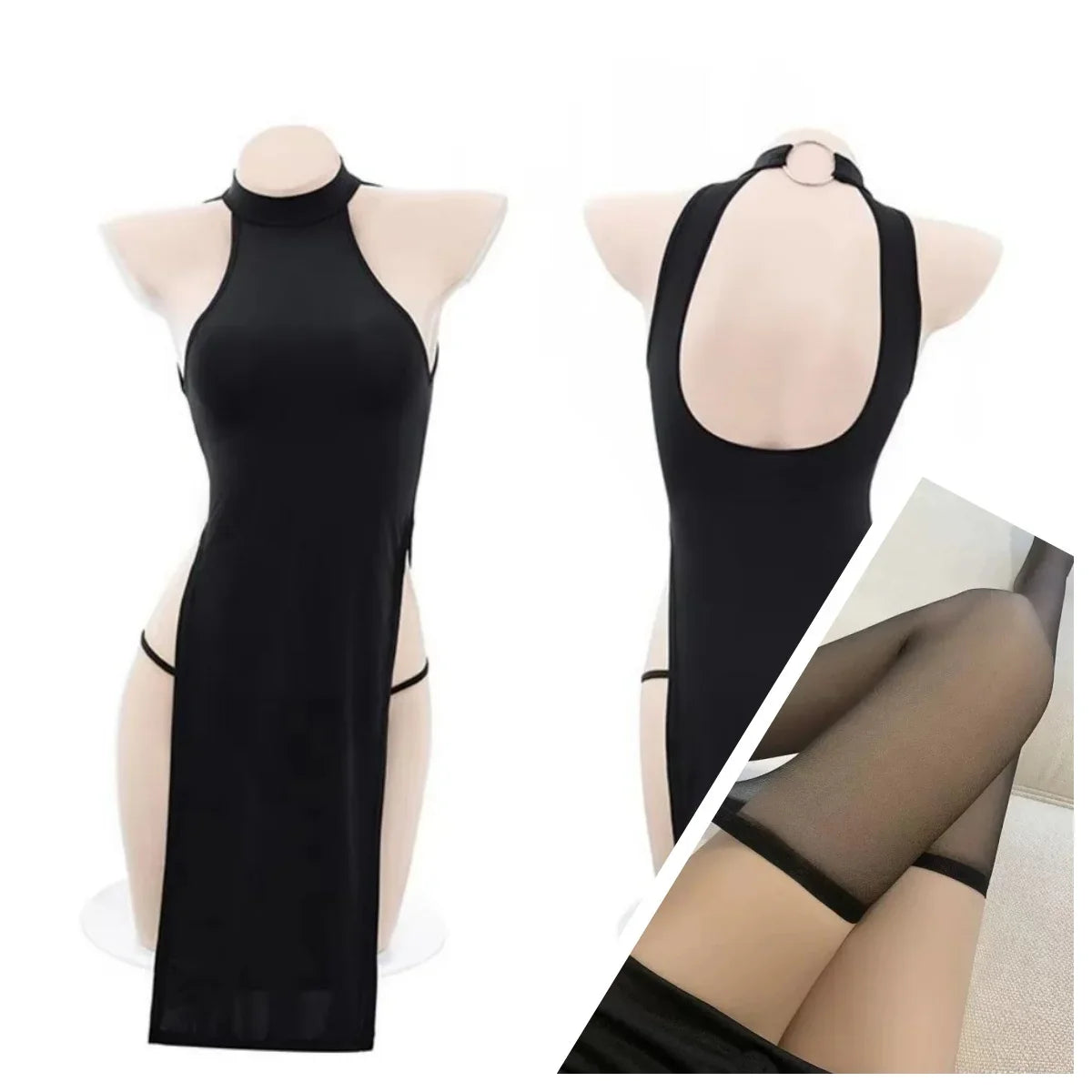 High Slit Cheongsam Uniform Temptation Erotic Nightdress Women Sexy Lingerie Dress+Panties Set Porn Sex Nightie