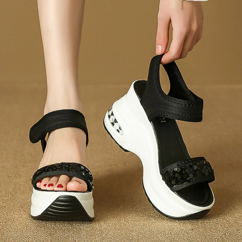 Sequin Chunky Wedges Sandals Women Plus Size 42 High Heel Platform Sandles Woman Comfy Thick Bottom Heighten Gladiator Sandalias