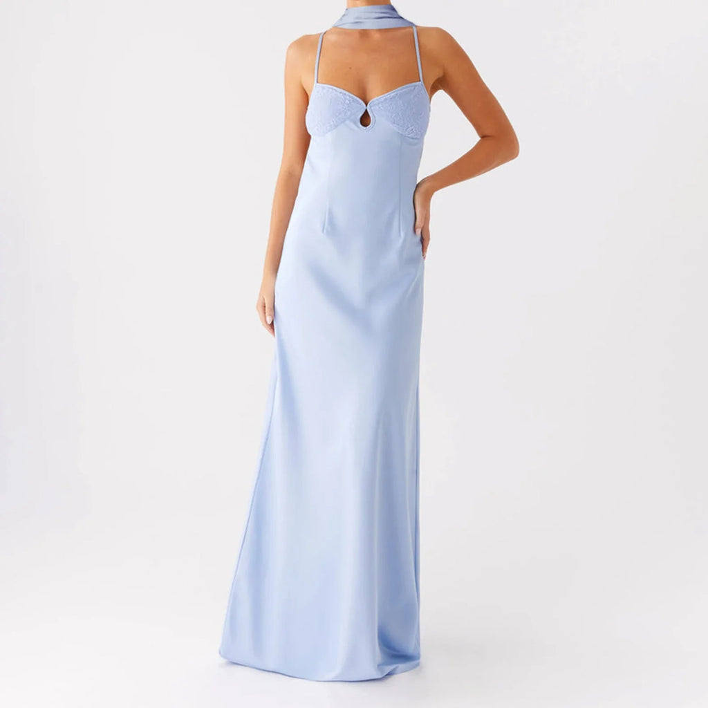 Women Solid Color Sexy Back Bandage Party Club Cami Dress Summer Fashion Sleeveless Spaghetti Strap Long Dresses With Scarf