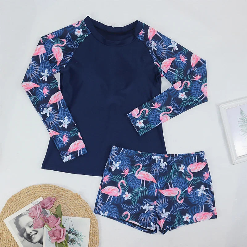 Women Two Pieces Vintage Print Rash Guard Swimwear Long Sleeve Shirt Shorts Surf Top Retro Print Running Shirt Split Swimsuit