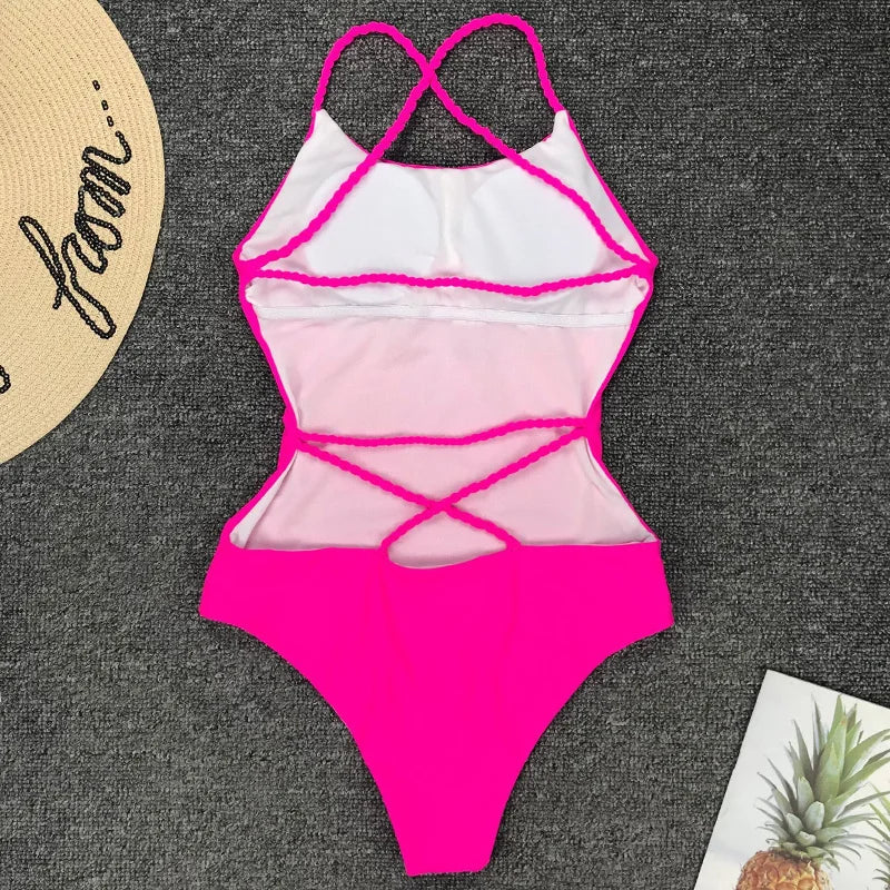 Criss Cross Backless Women Swimwear One Piece Swimsuit Female Monokini High Cut Leg Bather Bathing Suit Swim Beach Wear Lady