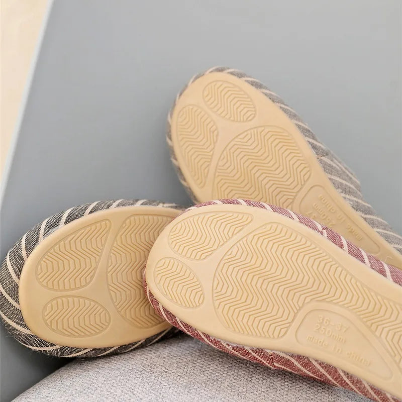 Breathable Linen Slippers For Women Men Summer House Shoes Striped Design Soft Sole Anti-Slip Couples Home Floor Cotton Slides