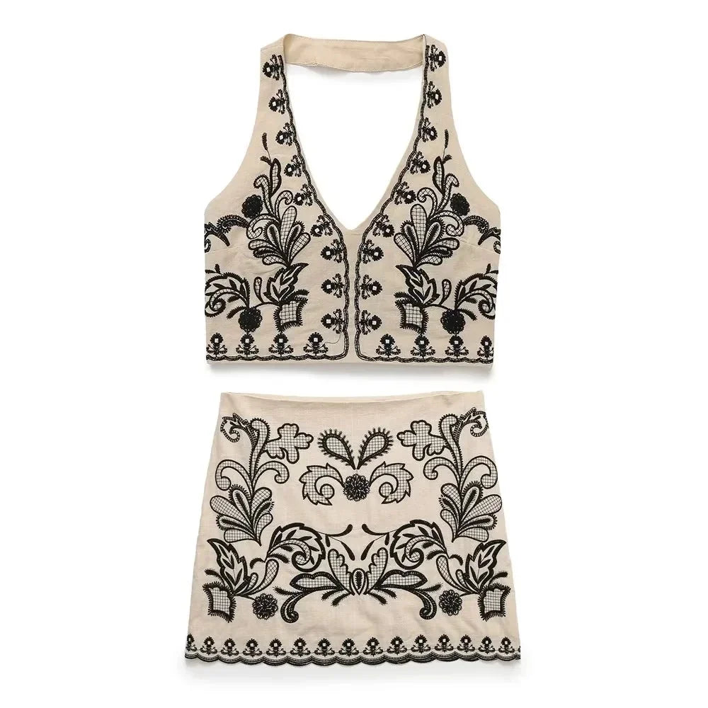 Foridol Floral Embroidery Summer Women Set Crop Top+mini Skirt Matching Set Casual Chic Halter Dress Set 2 Pcs Outfits Beach