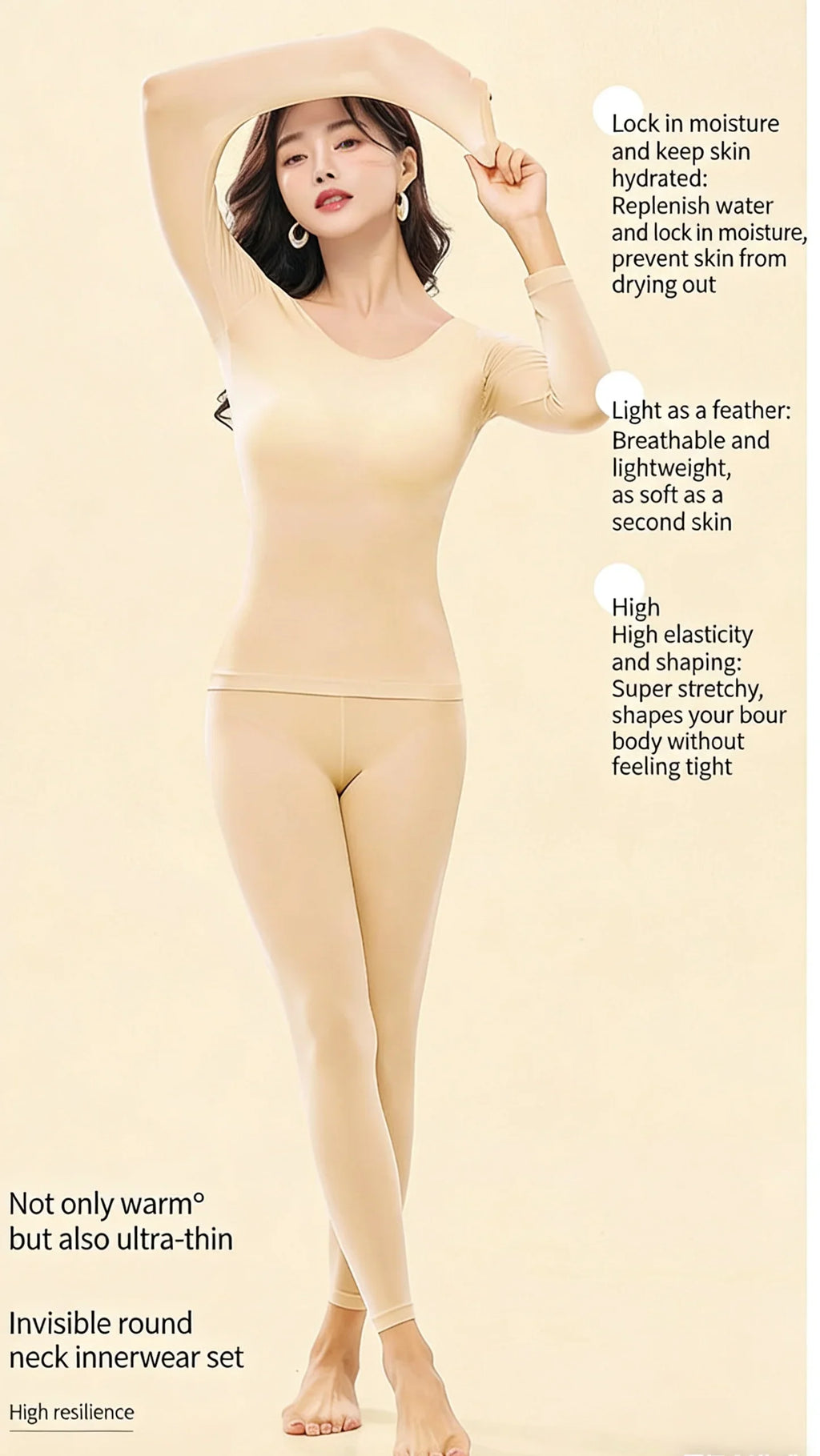 Spring & Autumn Skin-Friendly Top Set Ultra-Thin Seamless Nude Feel High Stretch Long Sleeve Thermal Underwear Women's Base Laye